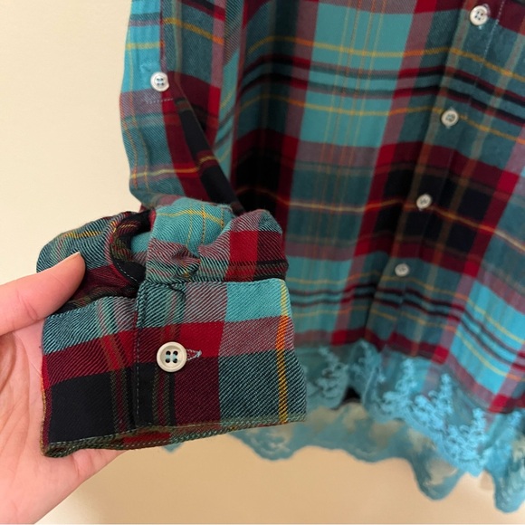 Soft Surroundings M Adeline Button Down Plaid Turquoise Lace Hem Tunic - Picture 4 of 8